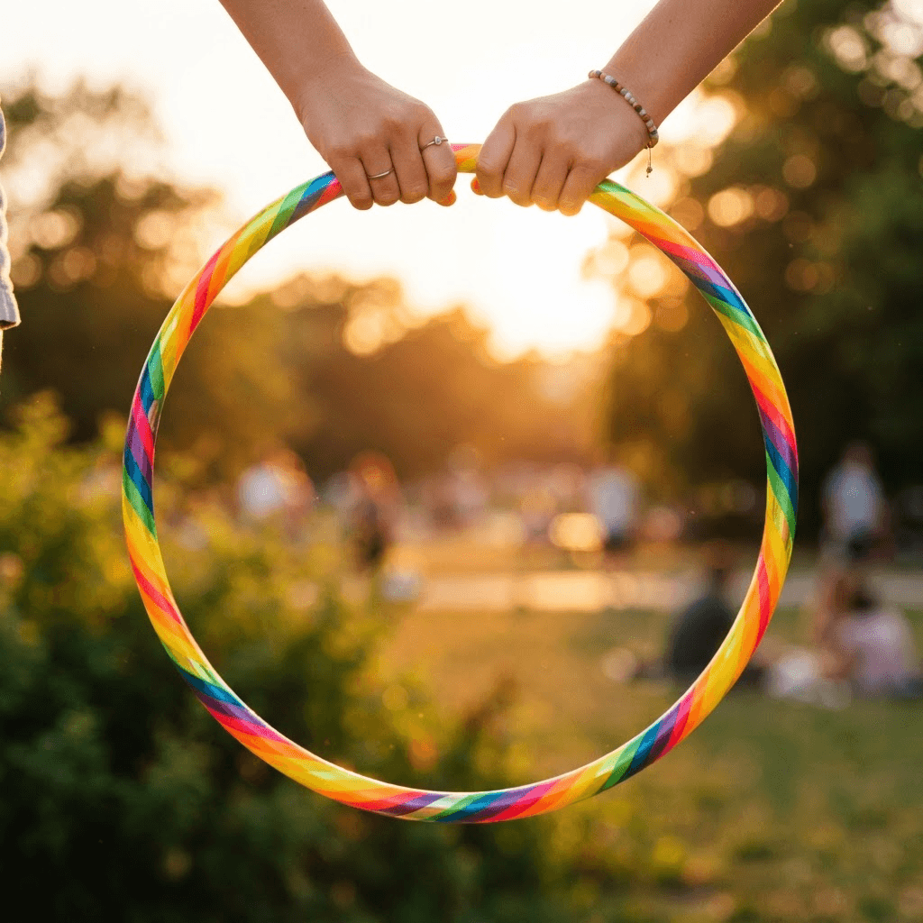 Close-up of hands spinning a colorful hula hoop
