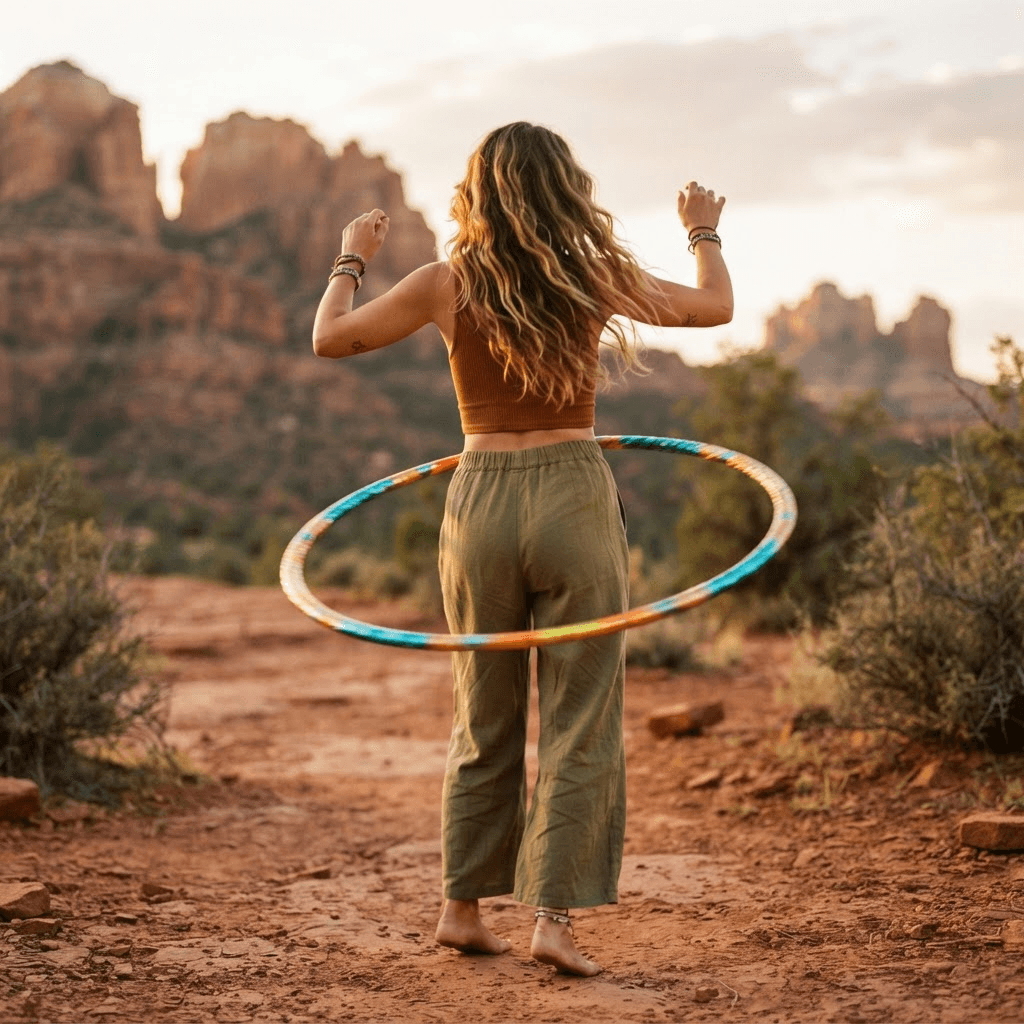 A person flowing with a hula hoop outdoors among Sedona red rocks