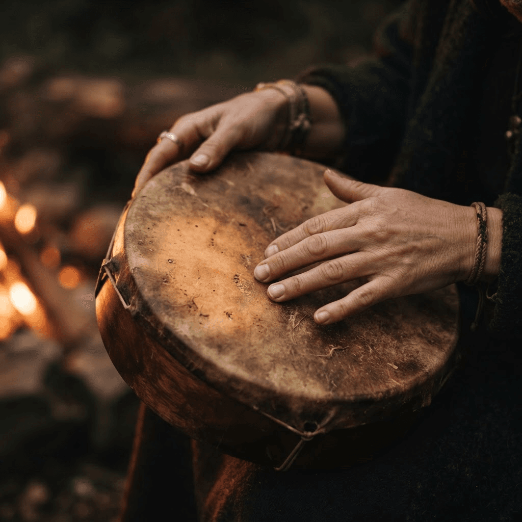 Close-up of hands playing a frame drum