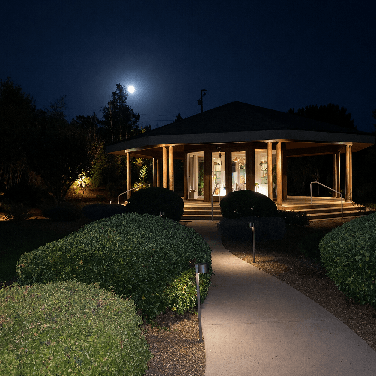 Sedonya's covered pavilion glowing warmly beneath a full moon