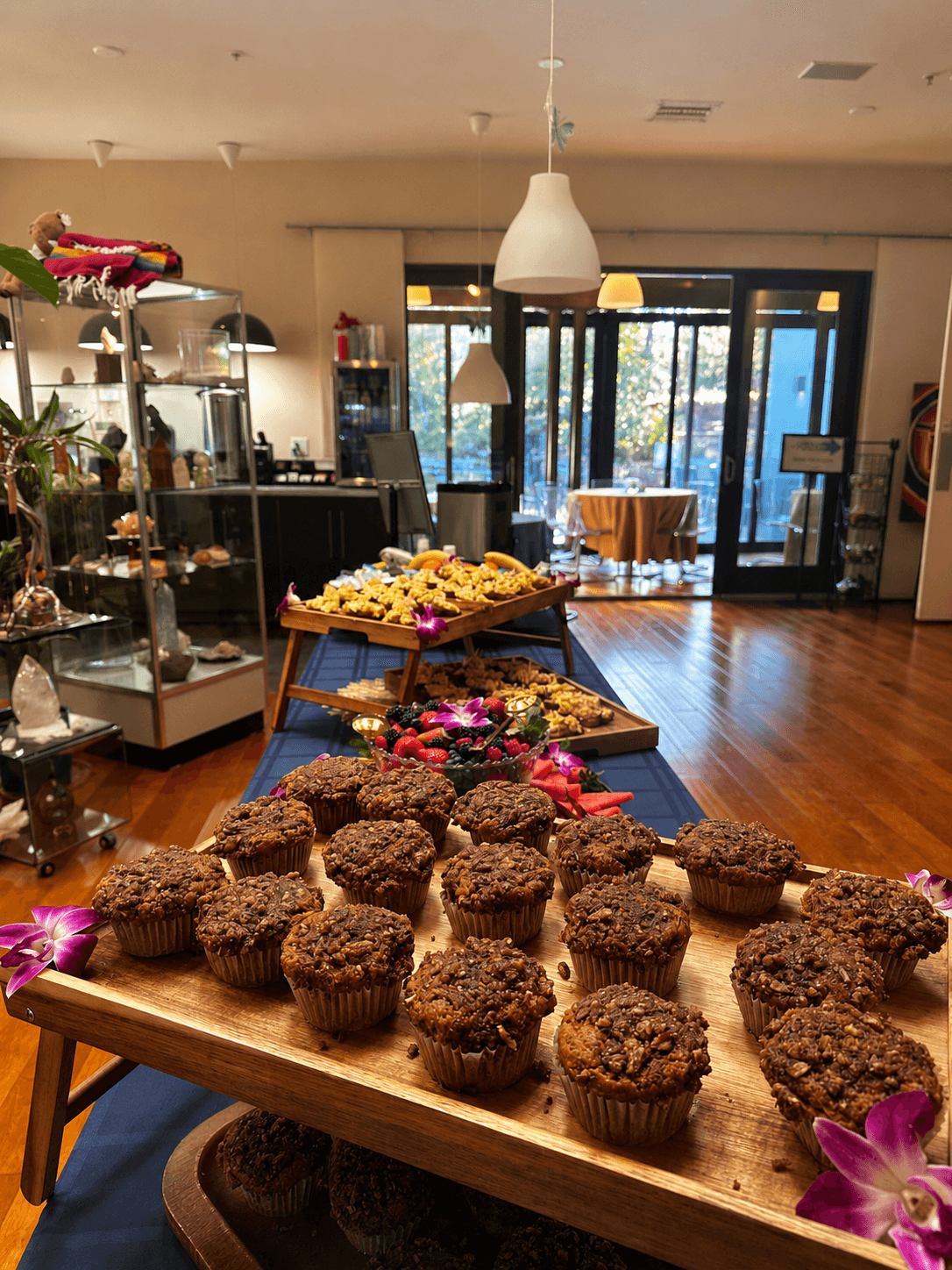Pecan muffins, fresh berries and orchids laid out each morning, just steps from the crystal shop and garden patio