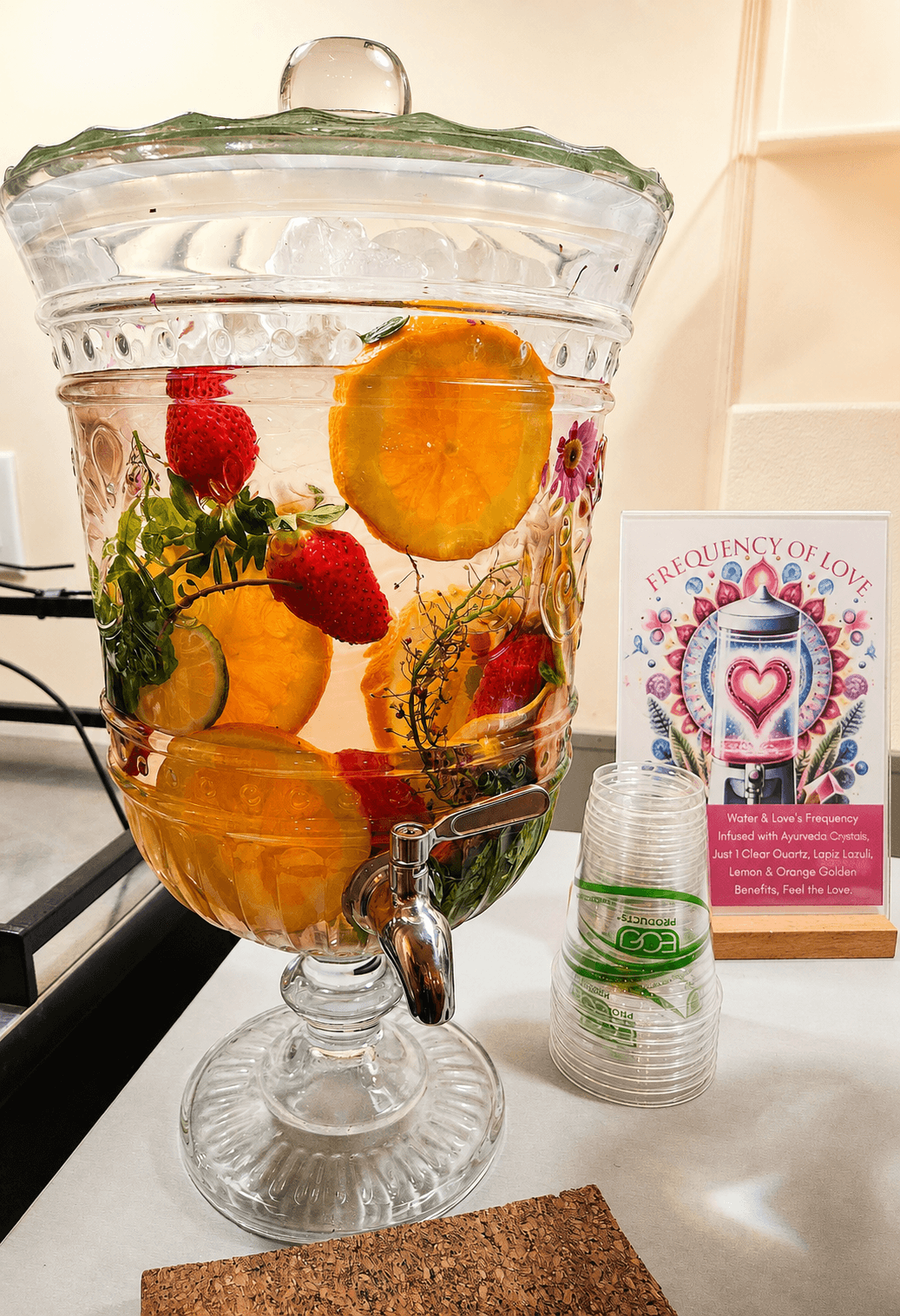 Citrus, berries and Ayurvedic crystals infuse the water bar, a small ritual of care offered throughout the day