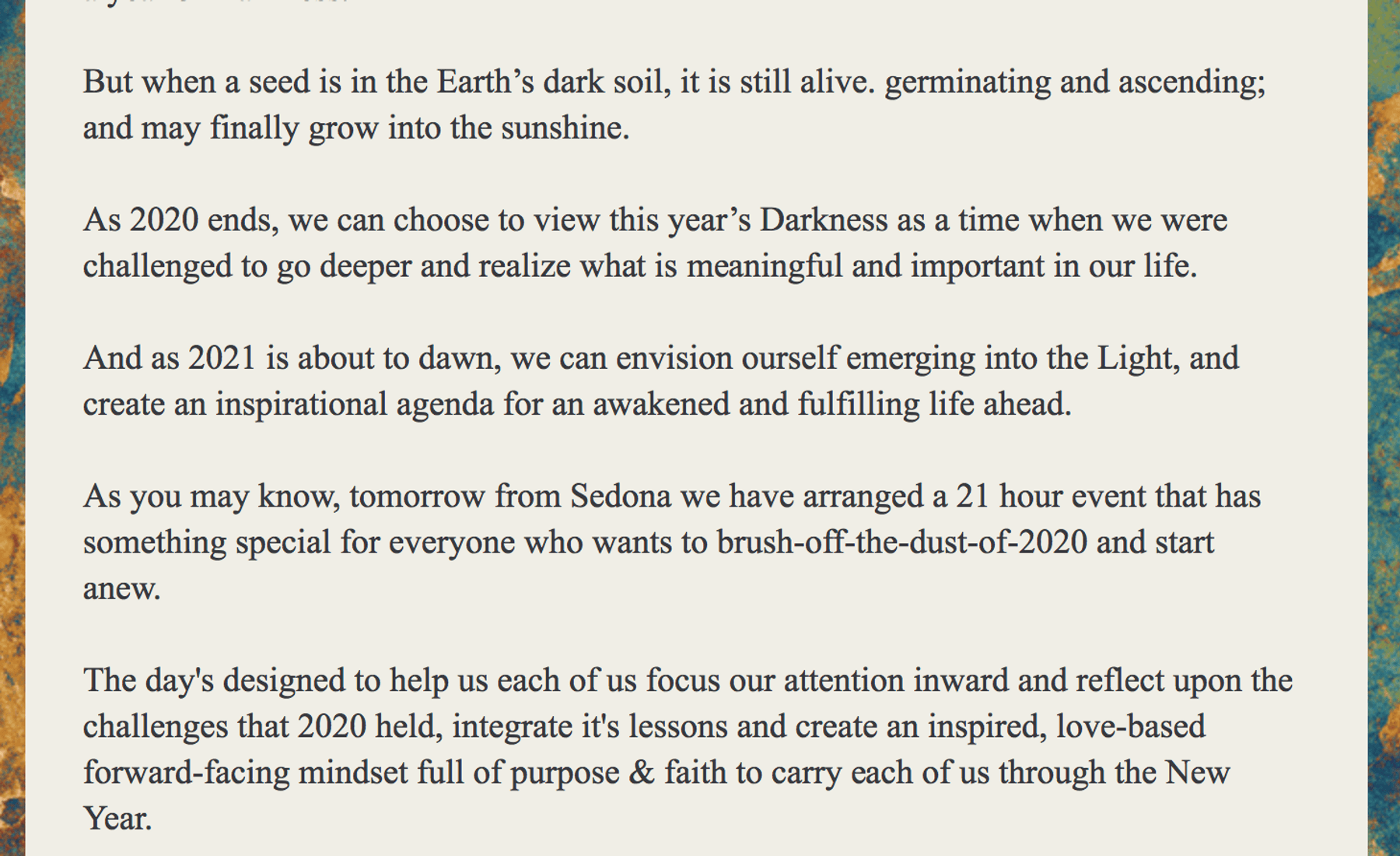 New Year's Eve 2020; Message from Sedonya