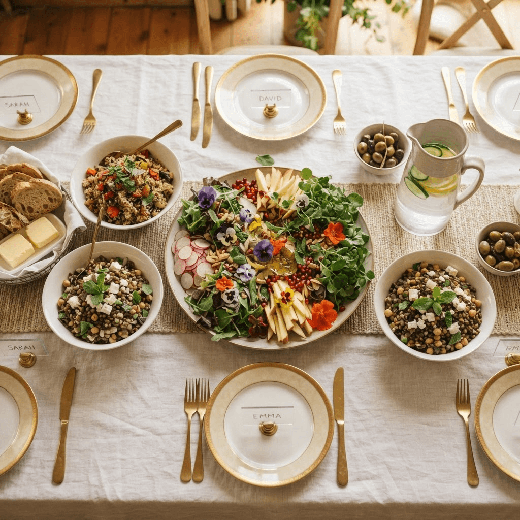 A beautifully arranged, plant-forward buffet spread prepared for a retreat group