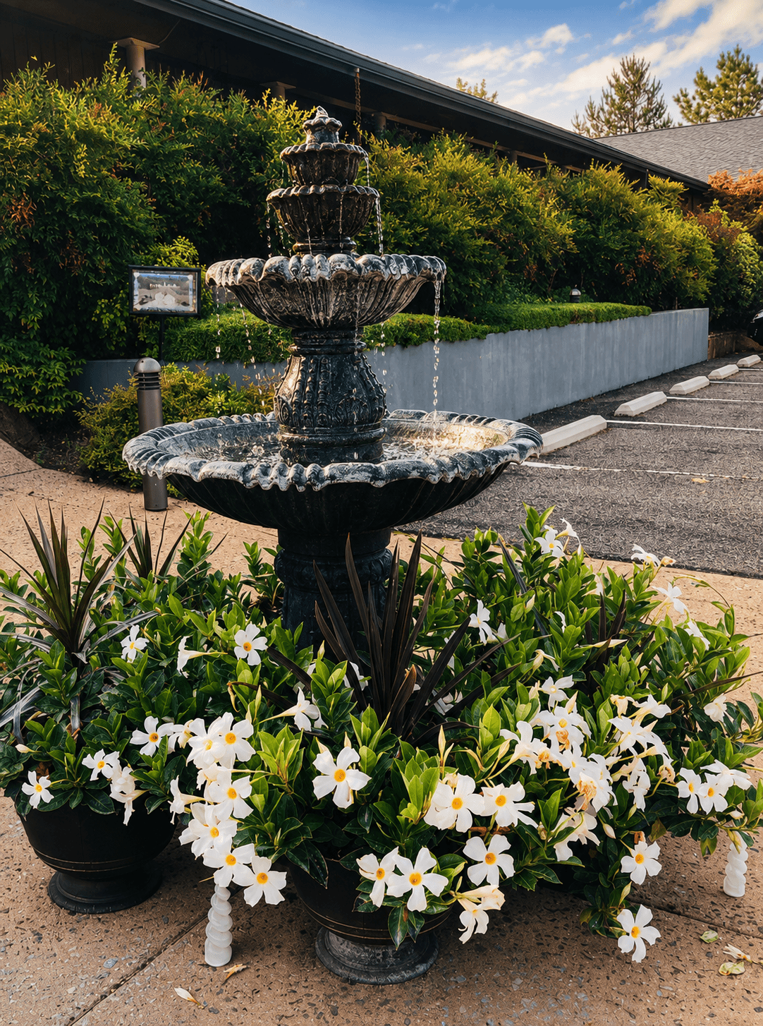 The garden fountain at the Heart Center's entrance, sprinkling water over stone and jasmine blooms