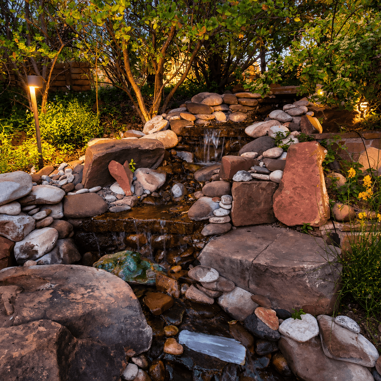 A stone garden waterfall tucked into the red rock landscape beside the Heart Center