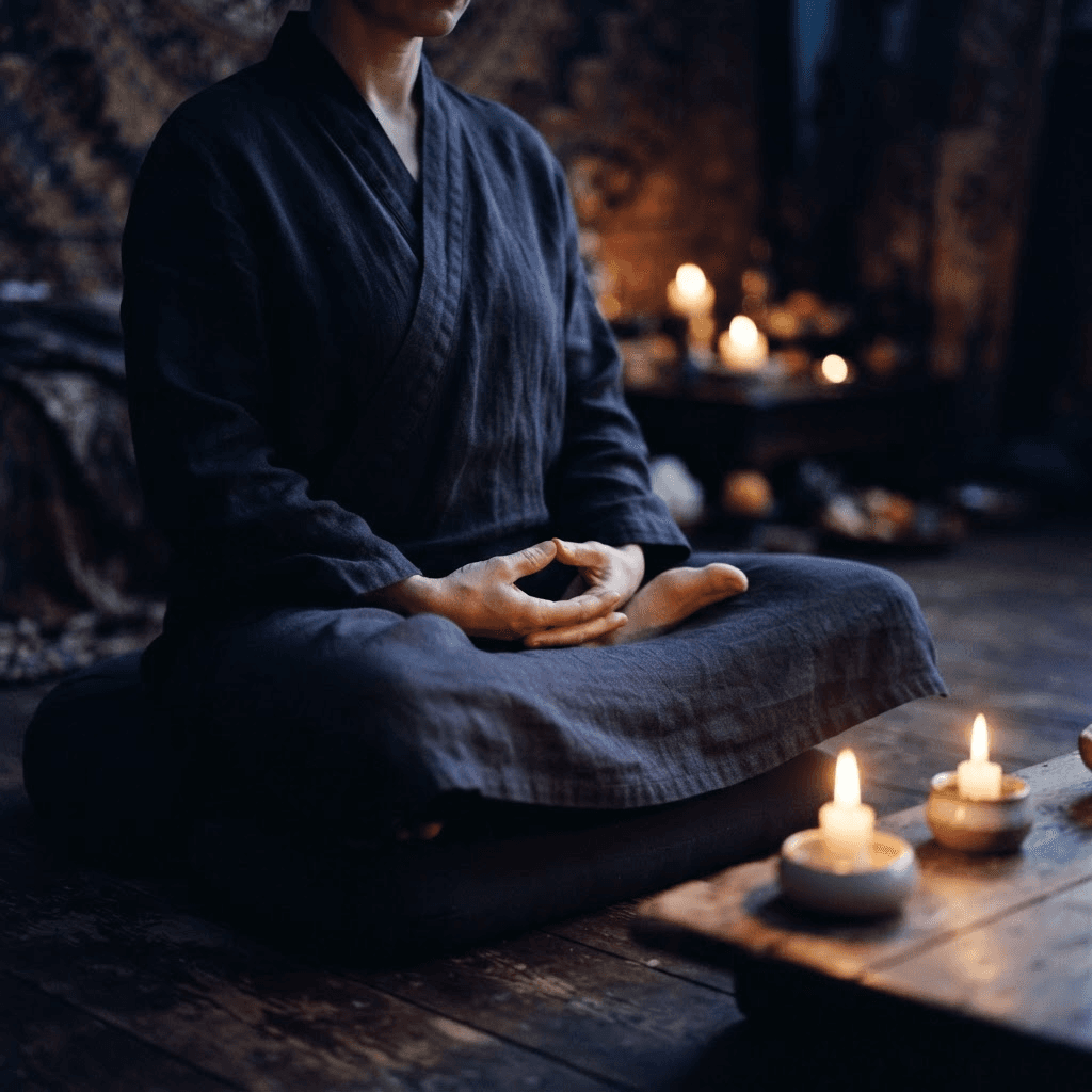 A seated meditation moment by candlelight during evening kriya practice