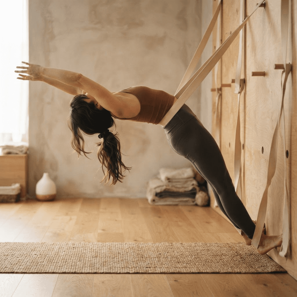 A strap-supported backbend during wall yoga suspension therapy