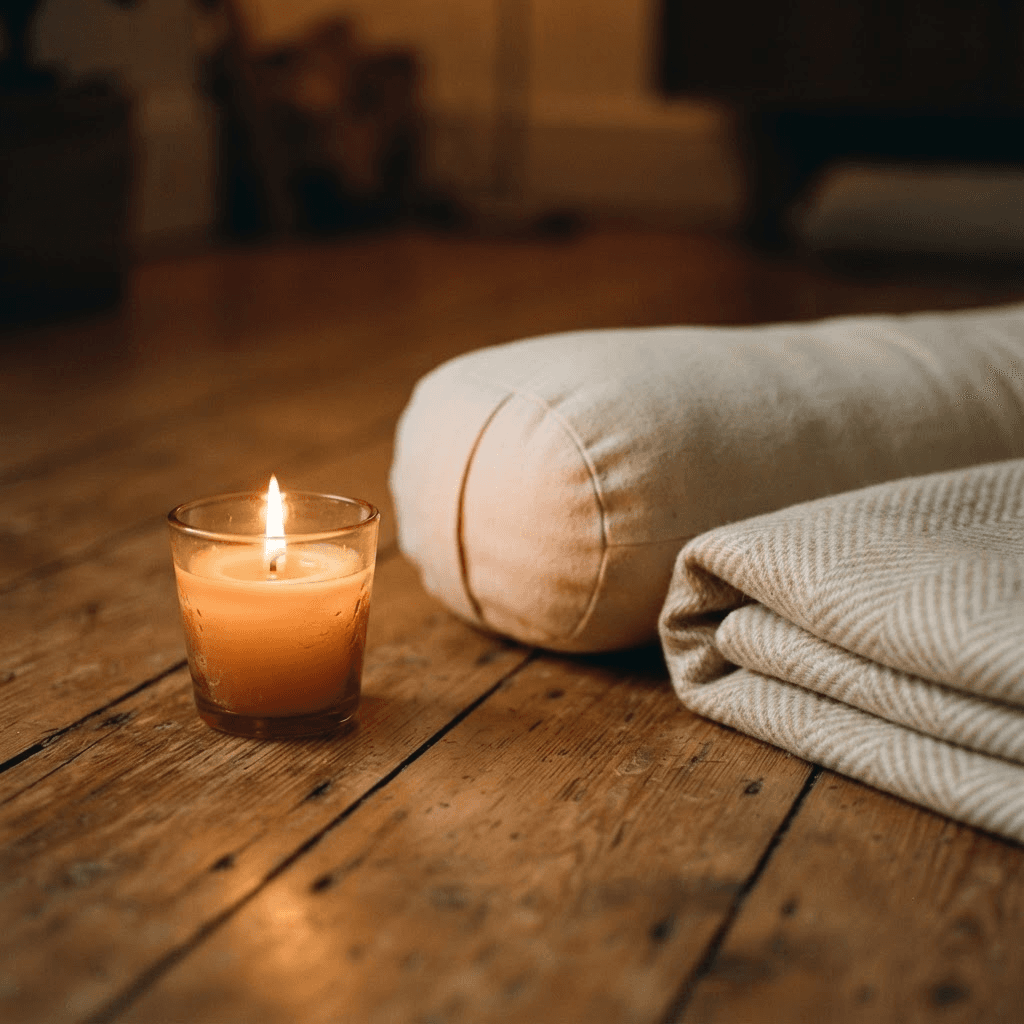 A candle glowing beside a folded yoga bolster and blanket