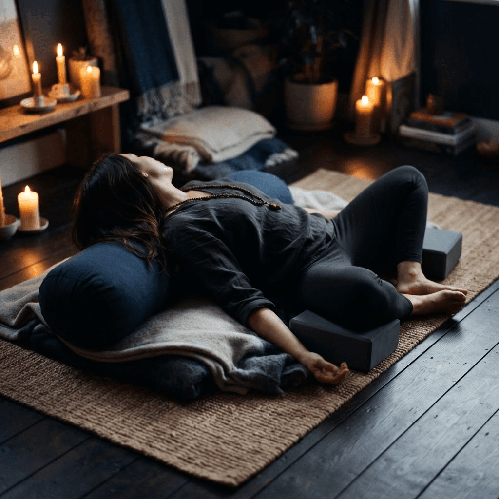 A yin yoga pose supported by a bolster, softly lit by candlelight