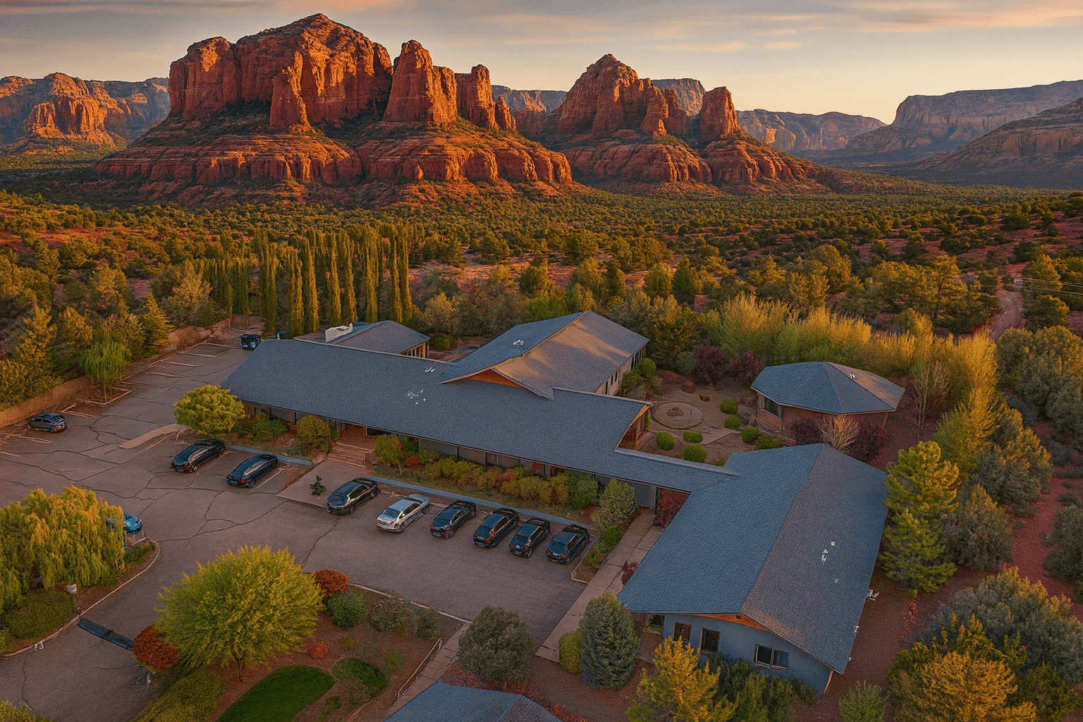 Aerial view of the Sedonya campus in Sedona at golden hour