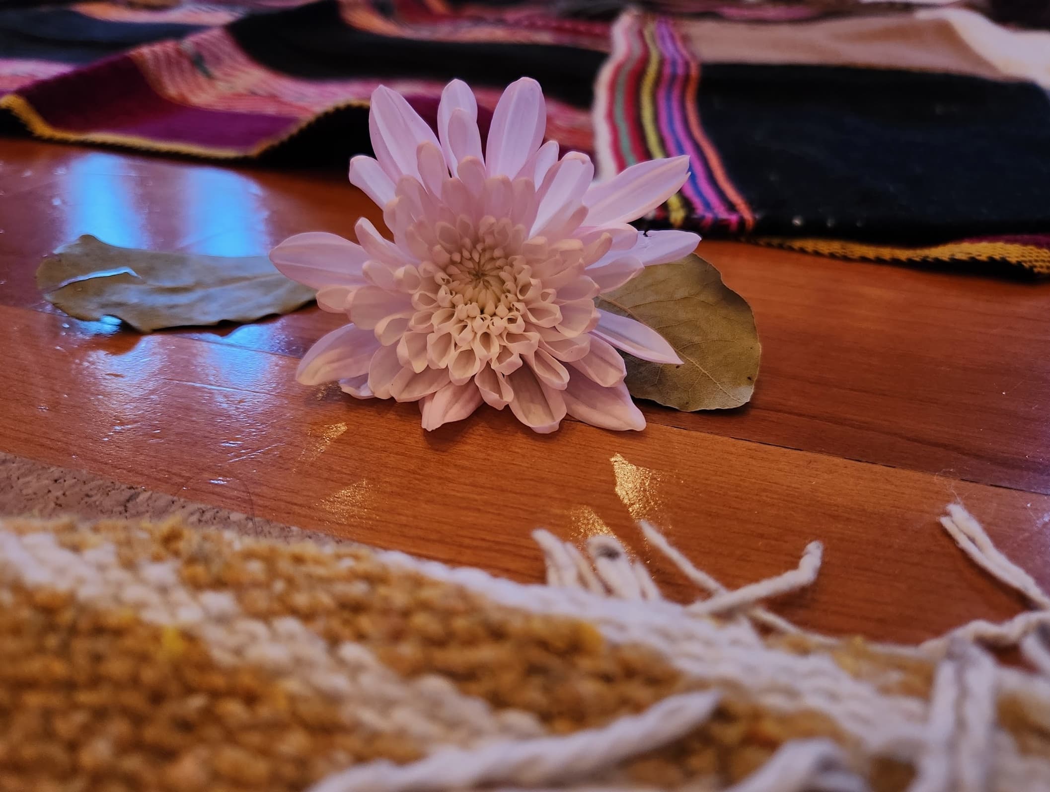 A single flower resting on woven ceremony cloth